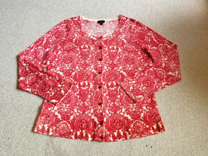 Womens Sweater-TALBOTS-red/ivory "Pure Merino Wool" button cardigan Old Money-XL